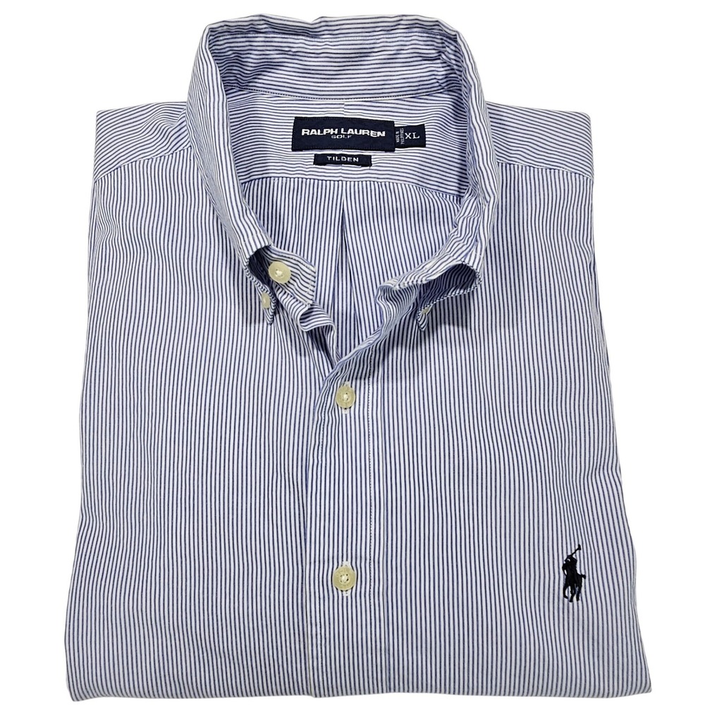 Ralph Lauren‎ Golf Tilden Shirt Mens XL Blue White Striped Cotton Button Down